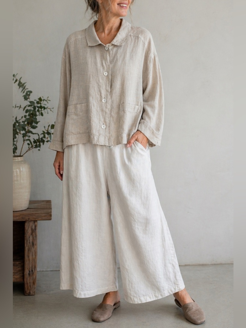 OSKA Linen Button Front Jacket Beige Relaxed Fit Pockets Minimalist Lagenlook